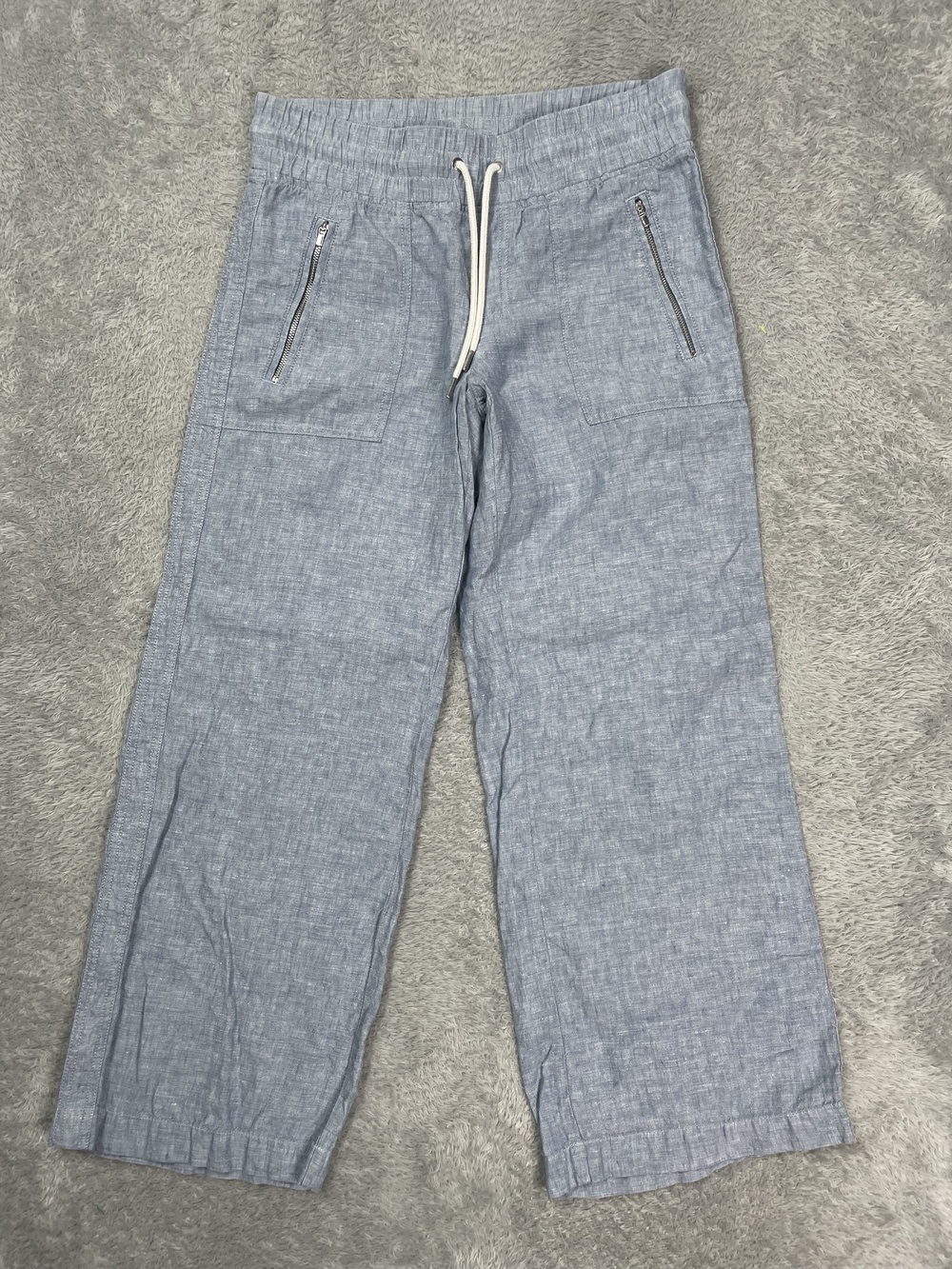 Athleta Cabo Linen Wide Leg Pants Womens 4P Blue Elastic Waist Drawstring Chino